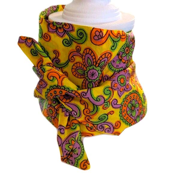 Vtg 1960s Mod Neon Paisley Floral 32" Cravat Neckerchief Head Scarf Hair Tie - Picture 2 of 6